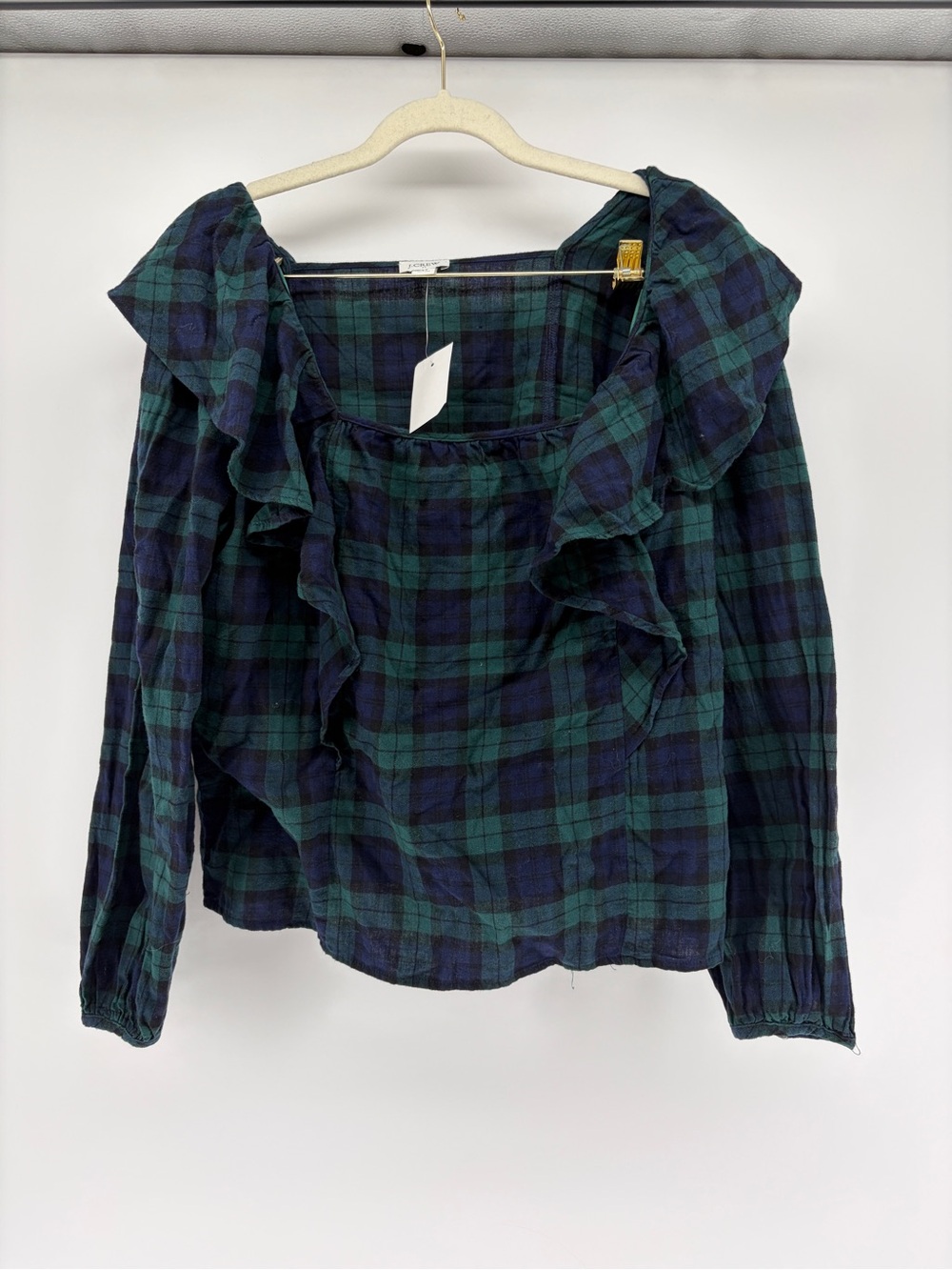 NWT J. Crew Tartan Plaid Ruffle-Trim Square Neck Cotton Long Sleeve Top Soft M